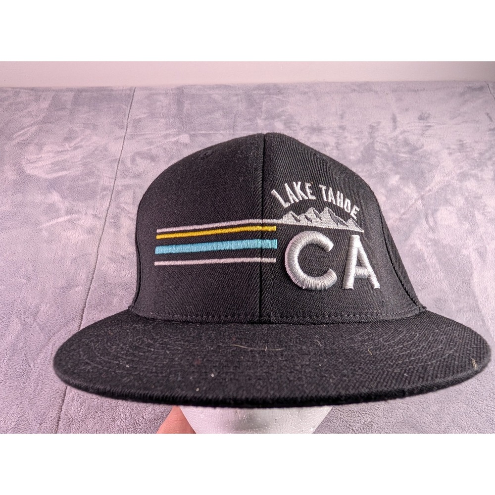 Lake Tahoe CA NV 210 Fitted Hat Black Embroidered Flat Brim Cap Size 7 1/4-7 5/8